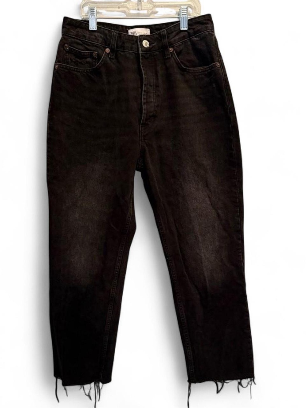 Zara Frayed Hem Cropped Ankle Straight Leg Black Denim Jeans Size 6 Festival